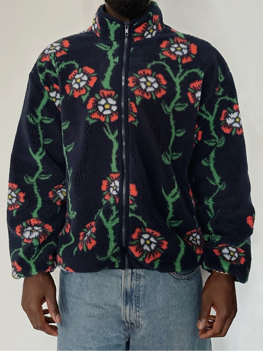 Rowing Blazers Navy Men’s Floral Zip-Up Fleece Sweater